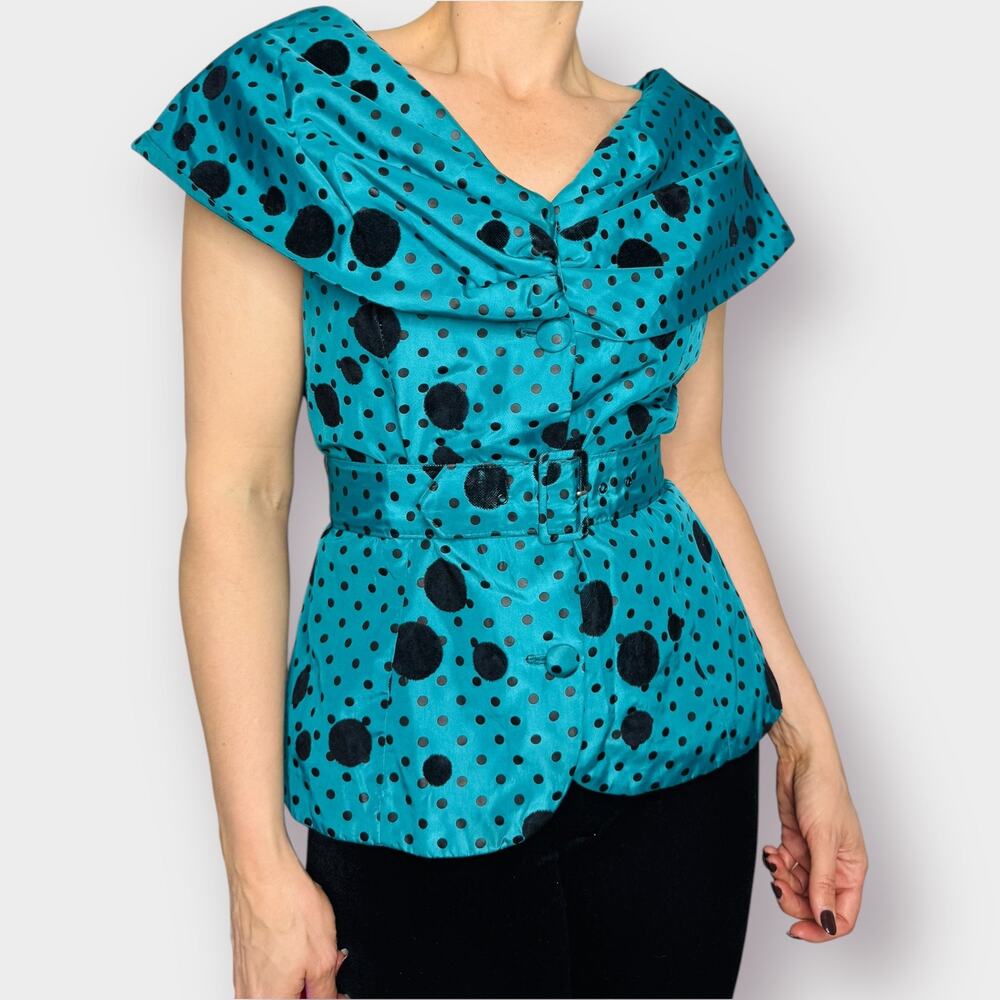 Vintage Teal Satin Polka Dot Blouse with Black Velvet Spots